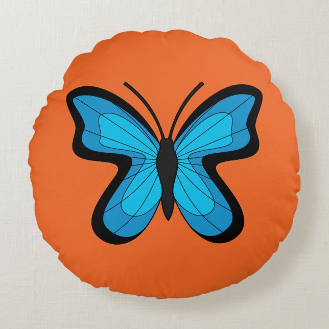 Blauwe Vlinder Rond Kussen (Voorkant)