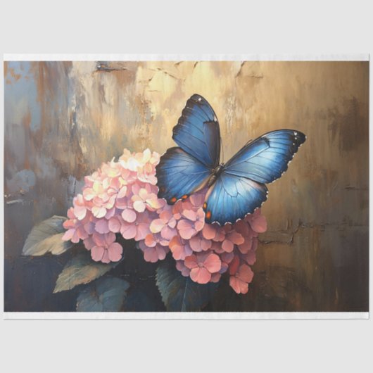 Blauwe Vlinder Roze Bloemen Decoupage Tissuepapier (Voorkant)