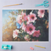 Blauwe Vlinder Roze Bloemen Schilderij Decoupage Tissuepapier (Craft)