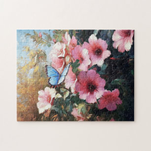 Blauwe vlinder roze bloemen schilderij legpuzzel