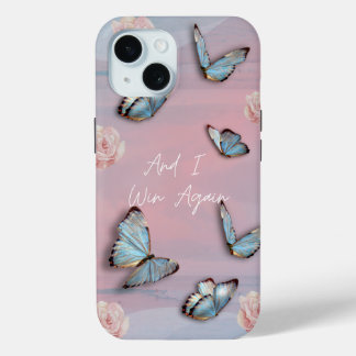 Blauwe vlinder, roze roos motivatie telefoonhoesje iPhone 15 case
