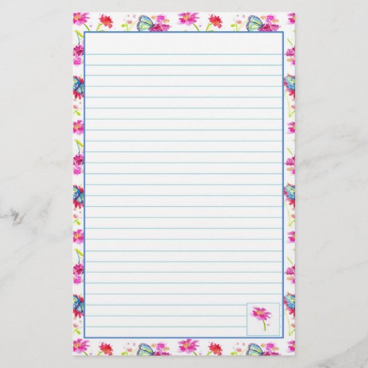 Blauwe Vlinder Roze Waterverf Bloemen Vol Briefpapier (Voorkant)