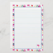 Blauwe Vlinder Roze Waterverf Bloemen Vol Briefpapier (Voorkant / Achterkant)