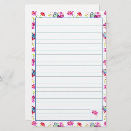 Blauwe Vlinder Roze Waterverf Bloemen Vol Briefpapier (Voorkant / Achterkant)