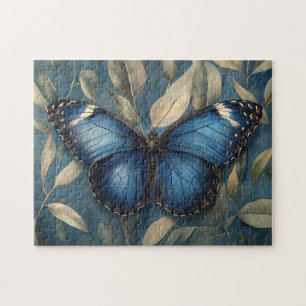 Blauwe vlinder rust op gebladerte legpuzzel
