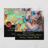 BLAUWE VLINDER SIXTEEN VERJAARDAGSFEESTJE MONOGRA KAART (Voorkant / Achterkant)