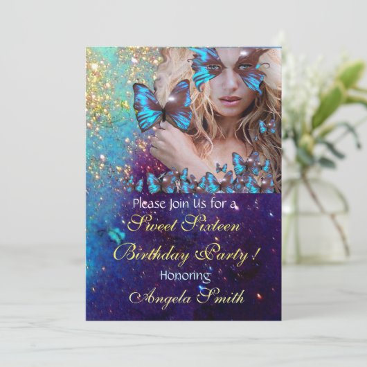 BLAUWE VLINDER SIXTEEN VERJAARDAGSFEESTJE MONOGRAM KAART (Staand voorkant)