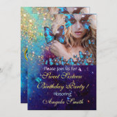 BLAUWE VLINDER SIXTEENTH VERJAARDAG FEESTJE  MONOG KAART (Voorkant / Achterkant)