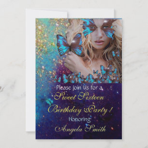 BLAUWE VLINDER SWEET 16 FEest MONOGRAM Zilver Kaart