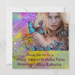 BLAUWE VLINDER SWEET 16 FEESTJE  MONOGRAM, Champag Kaart