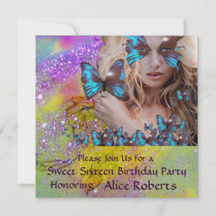 BLAUWE VLINDER SWEET 16 FEESTJE  MONOGRAM, Champag Kaart