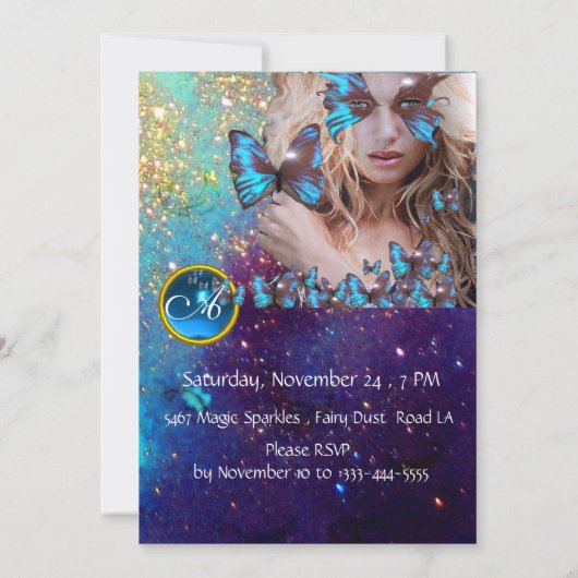 BLAUWE VLINDER SWEET 16 FEestJE  MONOGRAM, GOUD Kaart (Achterkant)