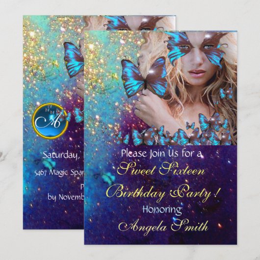 BLAUWE VLINDER SWEET 16 FEestJE  MONOGRAM, GOUD Kaart (Voorkant / Achterkant)