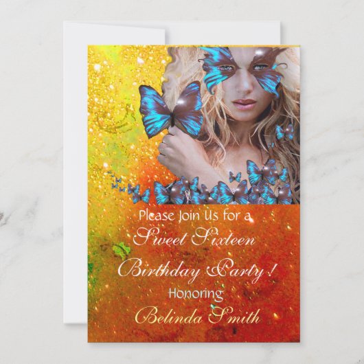 BLAUWE VLINDER SWEET 16 FEestJE  MONOGRAM,GOUD Kaart (Voorkant)