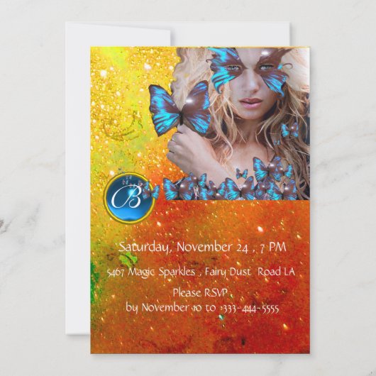 BLAUWE VLINDER SWEET 16 FEestJE  MONOGRAM,GOUD Kaart (Achterkant)