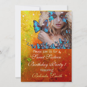 BLAUWE VLINDER SWEET 16 FEESTJE  MONOGRAM, GOUD KAART