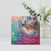 BLAUWE VLINDER SWEET 16 FEESTJE MONOGRAM, GOUD KAART (Staand voorkant)