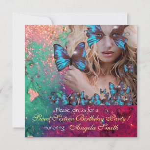 BLAUWE VLINDER SWEET 16 FEESTJE  MONOGRAM, GOUD KAART