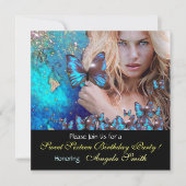 BLAUWE VLINDER SWEET 16 FEESTJE  MONOGRAM, GOUD KAART (Voorkant)