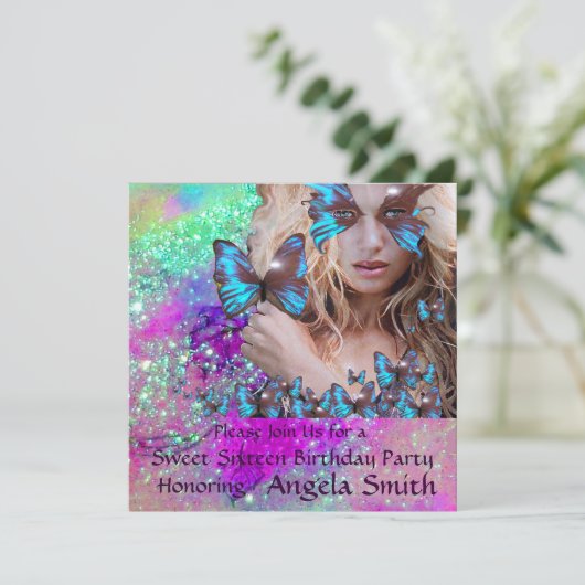 BLAUWE VLINDER SWEET 16 FEestJE  MONOGRAM, GOUD Kaart (Staand voorkant)