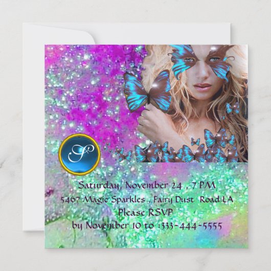 BLAUWE VLINDER SWEET 16 FEestJE  MONOGRAM, GOUD Kaart (Achterkant)