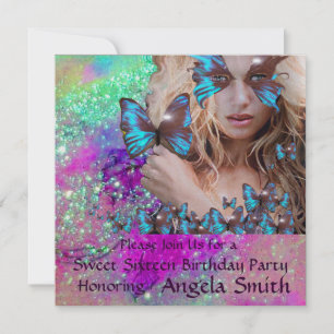 BLAUWE VLINDER SWEET 16 FEESTJE  MONOGRAM, GOUD KAART