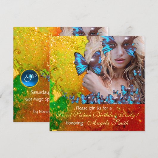 BLAUWE VLINDER SWEET 16 FEestJE  MONOGRAM,GOUD Kaart (Voorkant / Achterkant)