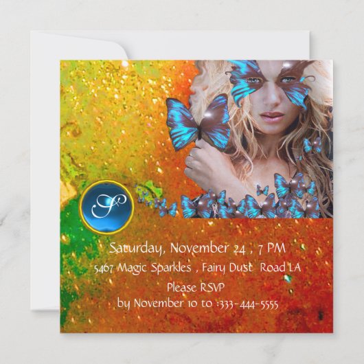 BLAUWE VLINDER SWEET 16 FEestJE  MONOGRAM,GOUD Kaart (Achterkant)