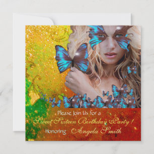 BLAUWE VLINDER SWEET 16 FEESTJE  MONOGRAM, GOUD KAART