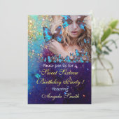 BLAUWE VLINDER SWEET 16 FEESTJE  MONOGRAM KAART (Staand voorkant)