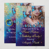 BLAUWE VLINDER SWEET 16 FEESTJE  MONOGRAM KAART (Voorkant / Achterkant)