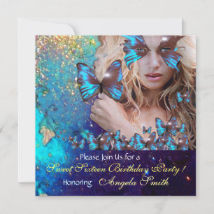 BLAUWE VLINDER SWEET 16 FEESTJE  MONOGRAM KAART