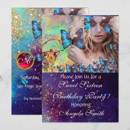 BLAUWE VLINDER SWEET 16 FEESTJE MONOGRAM, KAART (Voorkant / Achterkant)
