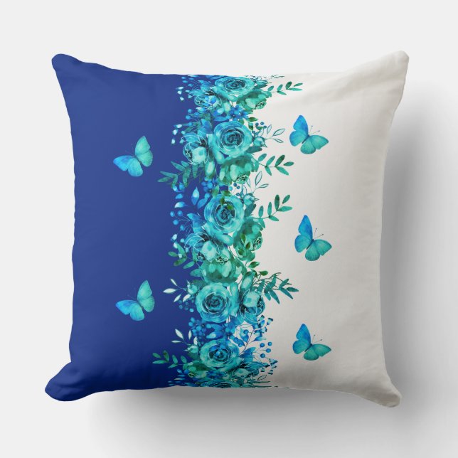 Blauwe Vlinder Tuin Bloem Kussen (Voorkant)