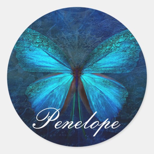 Blauwe vlinder van Joy & Luck Ronde Sticker (Voorkant)