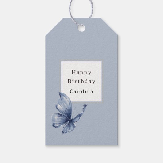 Blauwe Vlinder Verjaardag Cadeaulabel (Voorkant)