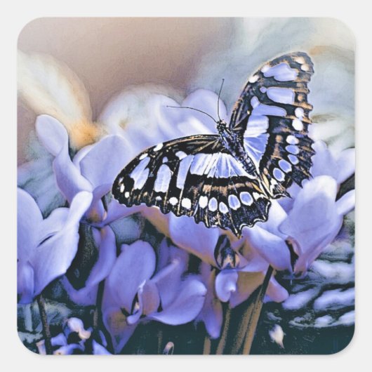 Blauwe vlinder vierkante sticker (Voorkant)
