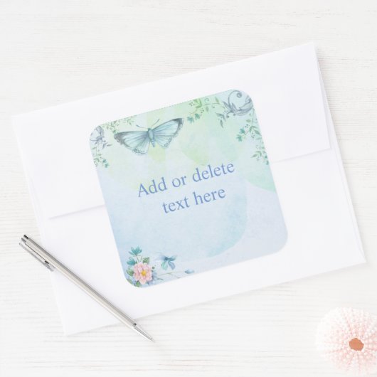 Blauwe vlinder vierkante sticker (Envelop)