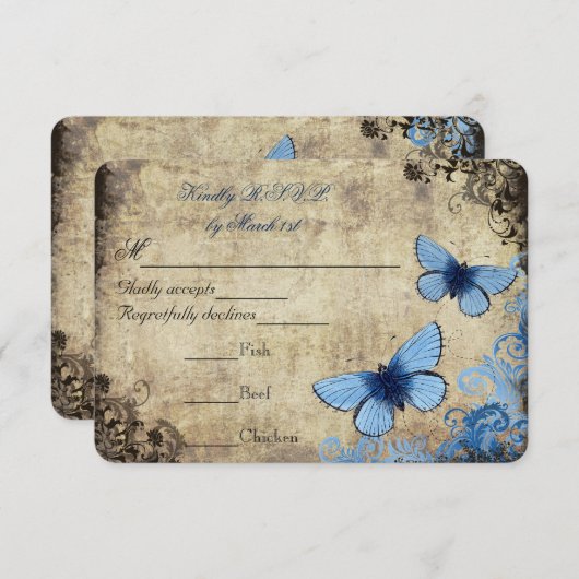 Blauwe Vlinder Vintage Bruiloft RSVP (Voorkant / Achterkant)