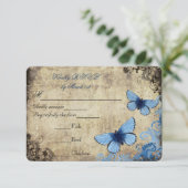 Blauwe Vlinder Vintage Bruiloft RSVP Kaartje (Staand voorkant)
