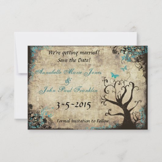 Blauwe Vlinder Vintage Save the Date Kaart (Voorkant)