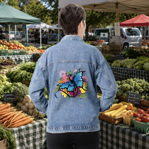  Blauwe Vlinder Vleugelige Draak Kleurrijke Bloeme Denim Jacket