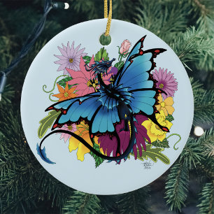 Blauwe Vlinder Vleugelige Draak Kleurrijke Bloeme Keramisch Ornament