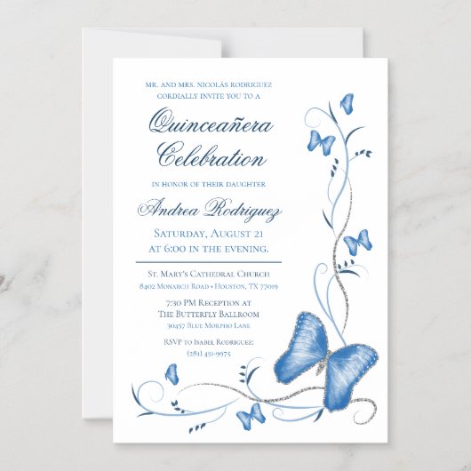 Blauwe Vlinder & wervelingen Quinceañera Magnetische Uitnodiging (Voorkant)