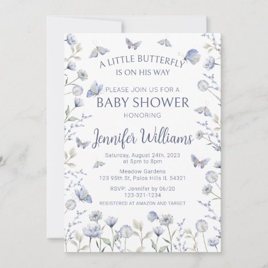 Blauwe vlinder wilde bloem is een jongen baby show kaart (Voorkant)