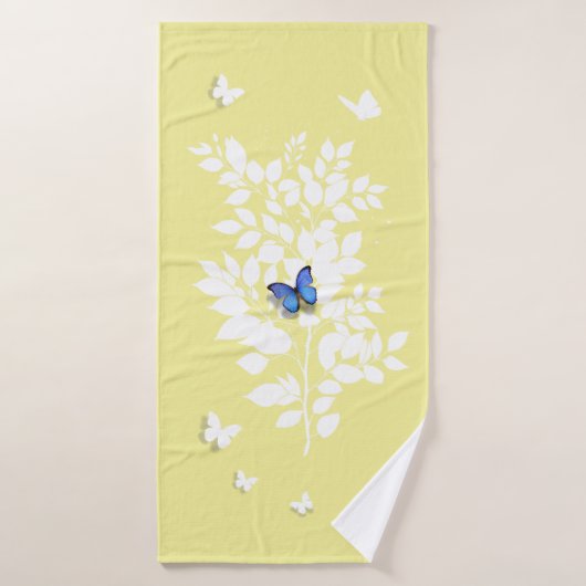 Blauwe vlinder witte bladrijke tak  badhanddoek (Badhanddoek)