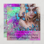 BLAUWE VLINDER ZOETE 16 FEESTJE MONOGRAM, Champag Kaart (Voorkant / Achterkant)