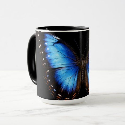 Blauwe Vlinder Zwarte Koffiemok Mok (Voorkant links)