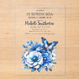Blauwe vlinderbloemen verrassen 60ste verjaardag acryl uitnodigingen