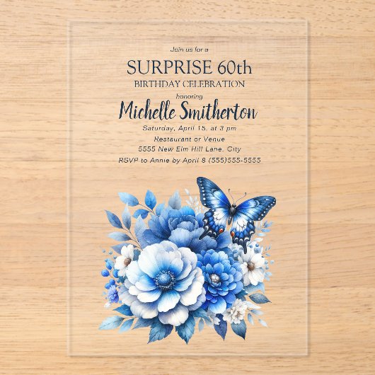 Blauwe vlinderbloemen verrassen 60ste verjaardag acryl uitnodigingen (Voorkant)